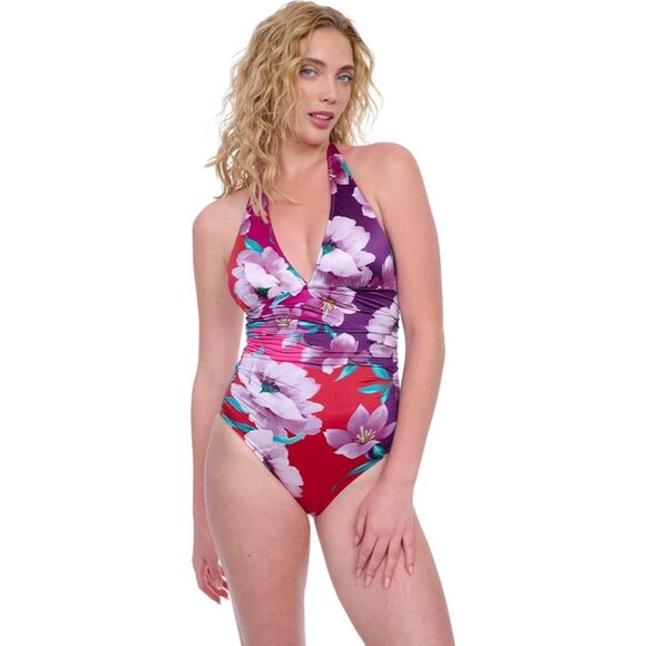NWT Gottex One-Piece Slimming Halter Top Floral Bathing Suit Size 14 - Picture 1 of 11